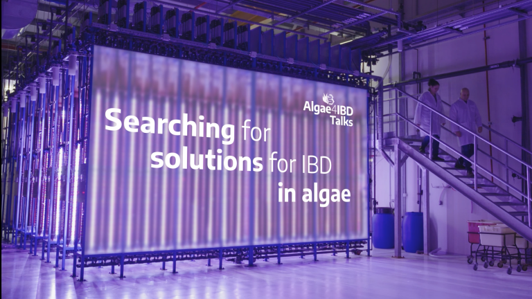 Bioreactor for algae cultivation with text saying: Searching for solutions for IBD in algae